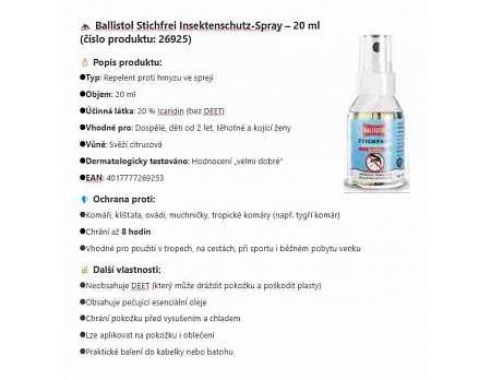 Repelent proti komárům 20ml, Stichfrei BALLISTOL 26925