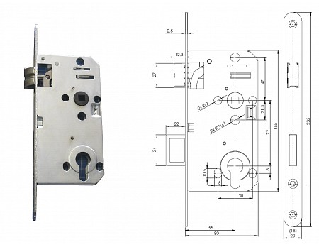 Zámek zadlabací, FAB D2155 P-L 72/55/80,čelo 20mm FABDOS