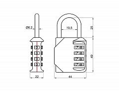 Visací zámek na 4-místný kód 79x43x15x6,2mm